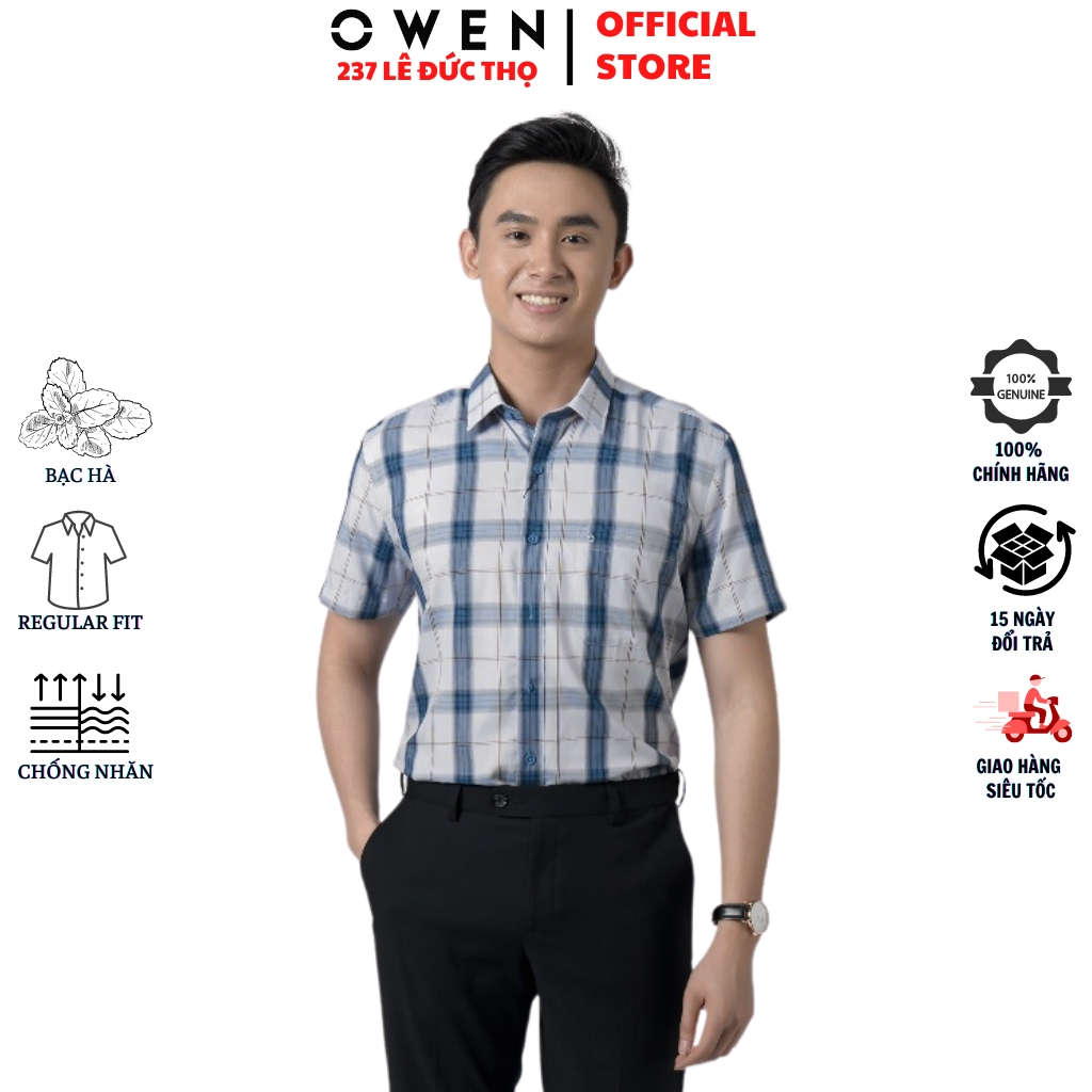 Áo sơ mi ngắn tay nam OWEN AR220406NT somi công sở màu trắng caro xanh nâu vải bạc hà form regular fit tà lượn có túi