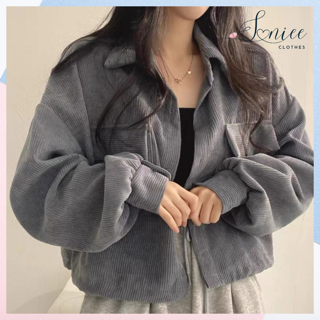 Áo sơ mi nữ Hàn Quốc croptop tay phồng áo sơ mi nhung tăm dáng lửng tay dài form rộng SanieeClothes