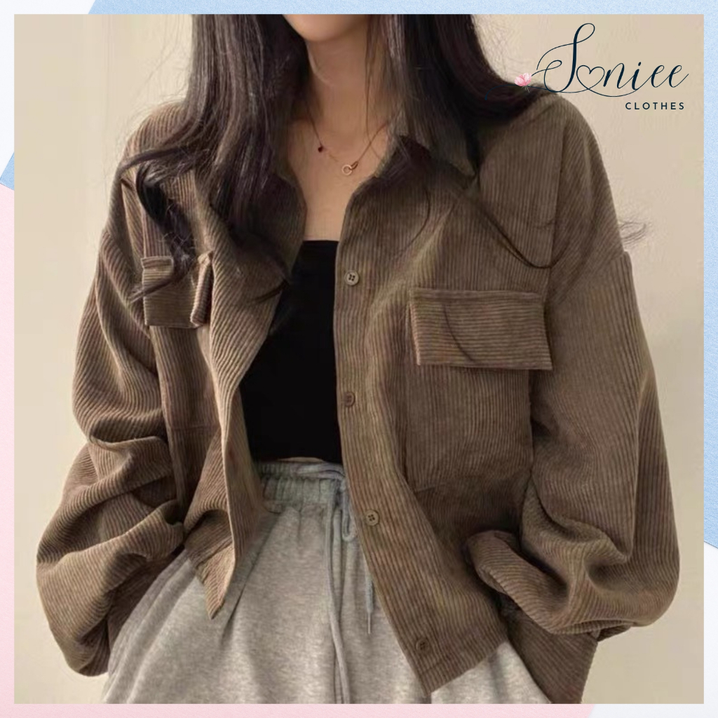 Áo sơ mi nữ Hàn Quốc croptop tay phồng áo sơ mi nhung tăm dáng lửng tay dài form rộng SanieeClothes