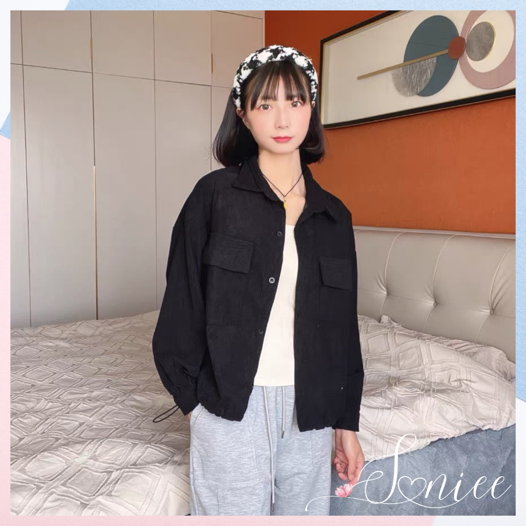 Áo sơ mi nữ Hàn Quốc croptop tay phồng áo sơ mi nhung tăm dáng lửng tay dài form rộng SanieeClothes