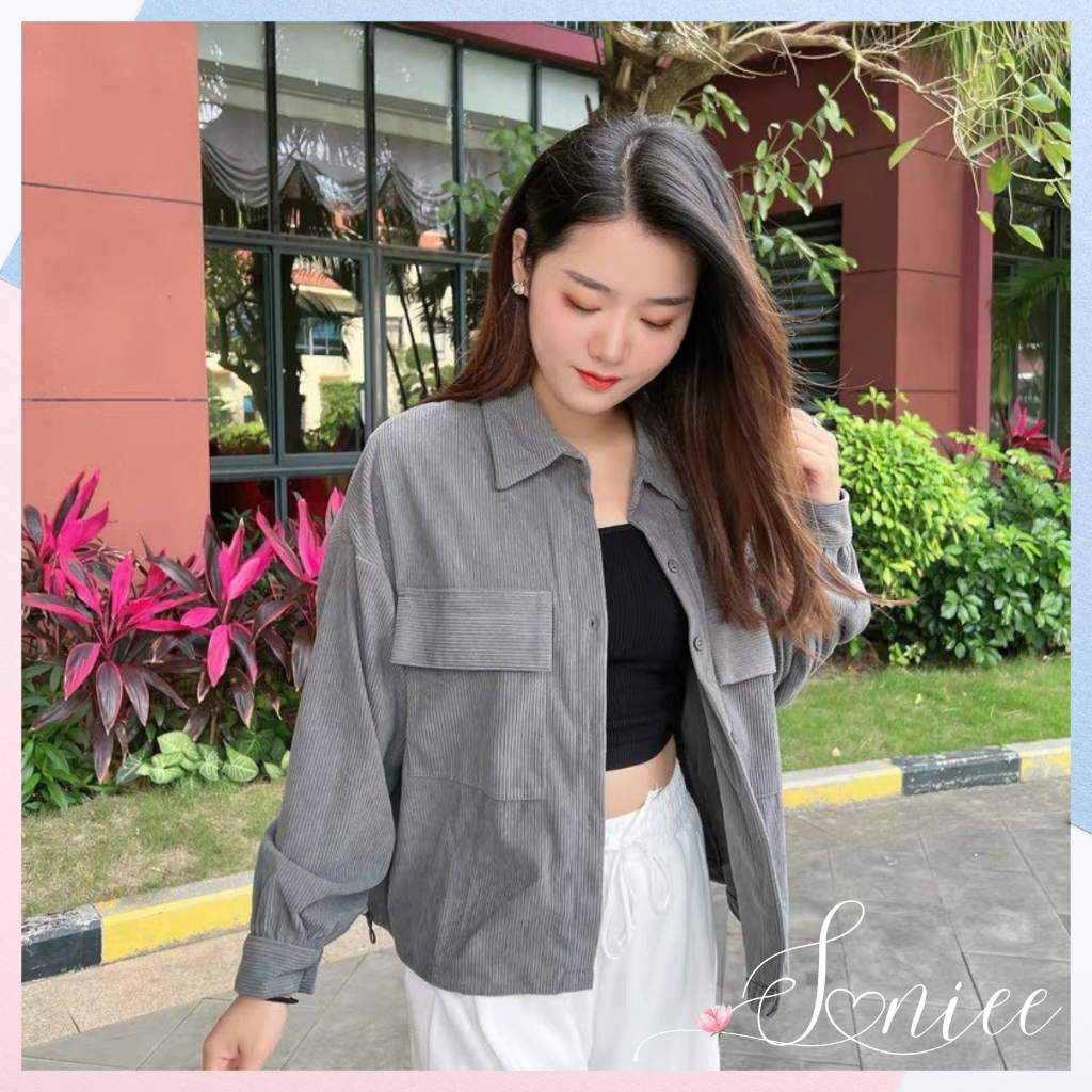 Áo sơ mi nữ Hàn Quốc croptop tay phồng áo sơ mi nhung tăm dáng lửng tay dài form rộng SanieeClothes