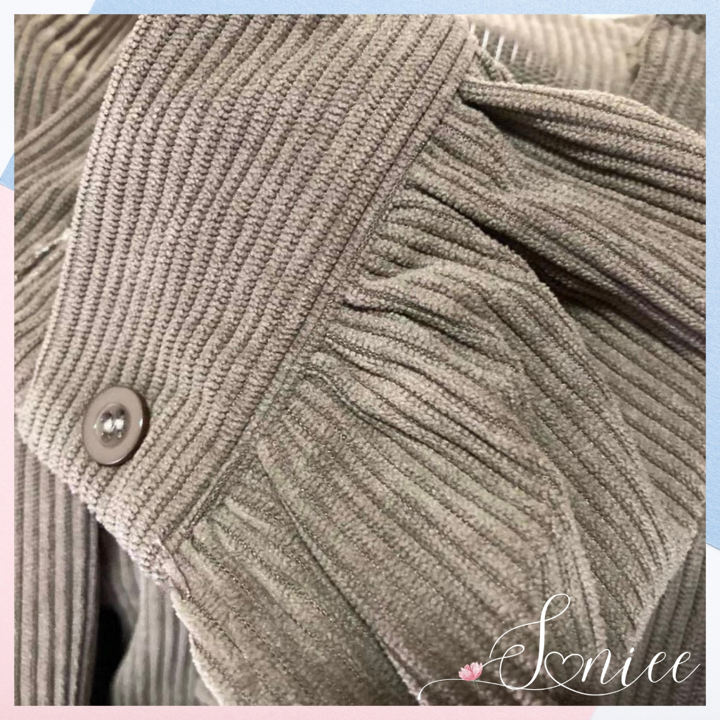 Áo sơ mi nữ Hàn Quốc croptop tay phồng áo sơ mi nhung tăm dáng lửng tay dài form rộng SanieeClothes