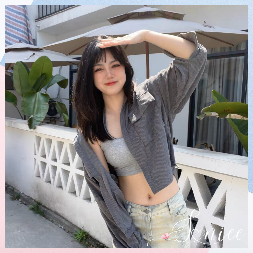 Áo sơ mi nữ Hàn Quốc croptop tay phồng áo sơ mi nhung tăm dáng lửng tay dài form rộng SanieeClothes