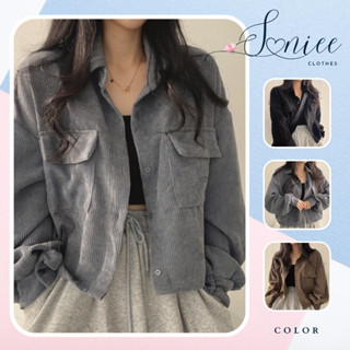 Áo sơ mi nữ Hàn Quốc croptop tay phồng áo sơ mi nhung tăm dáng lửng tay dài form rộng SanieeClothes