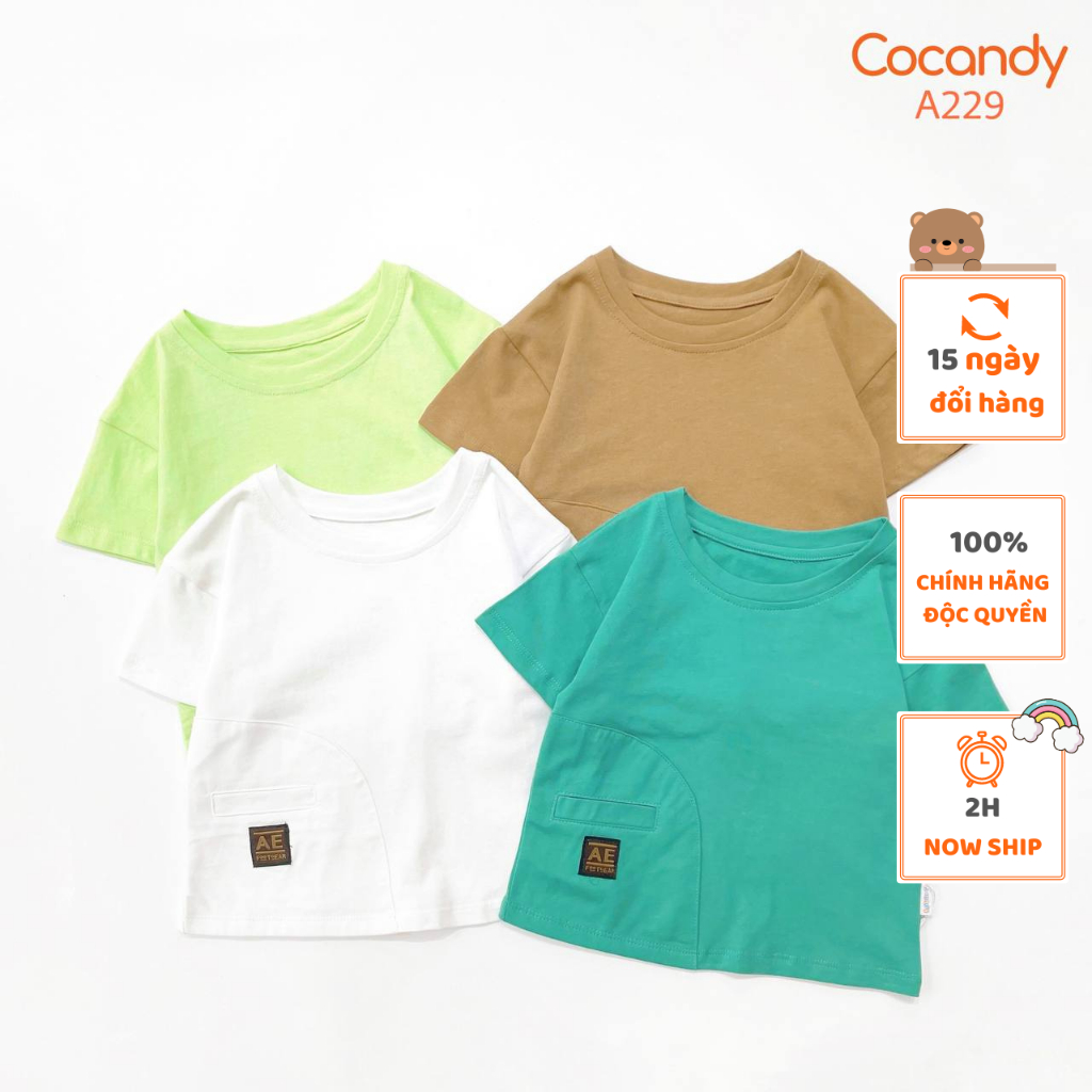 Áo cho bé -Áo cộc TRẮNG, NÂU, XANH NGỌC, XANH CỐM phối hình chữ AE cho bé của COCANDY mã A2293,A2294,,A2291,A2292