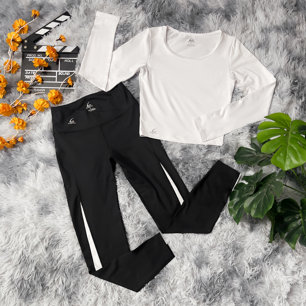 Bộ đồ thể thao Gladimax áo Croptop Dài Tay C12 và Quần Legging G12 cạp tim chéo cá tính mặc đẹp đi tập, đi chơi