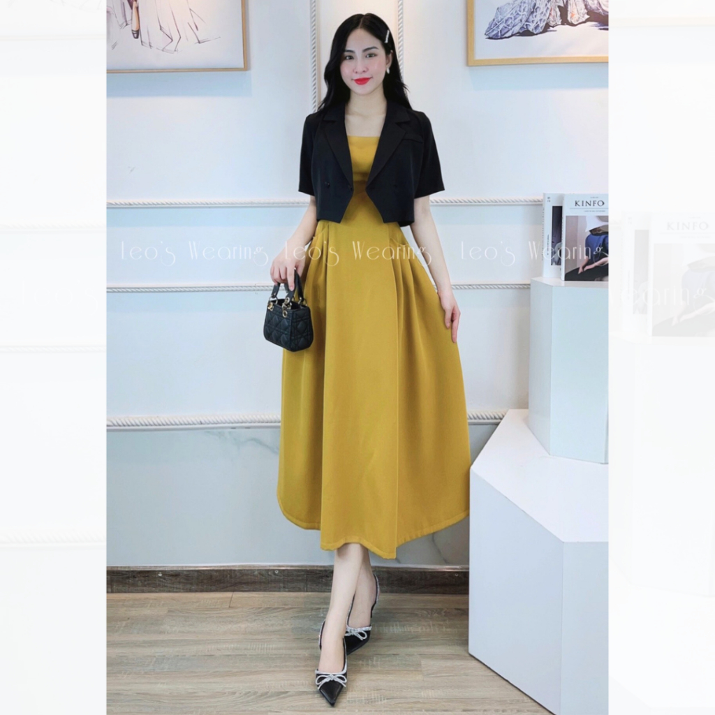 Set đầm 2 dây xòe dáng dài có túi mix áo khoác vest blazer croptop LEOSWEARING A465
