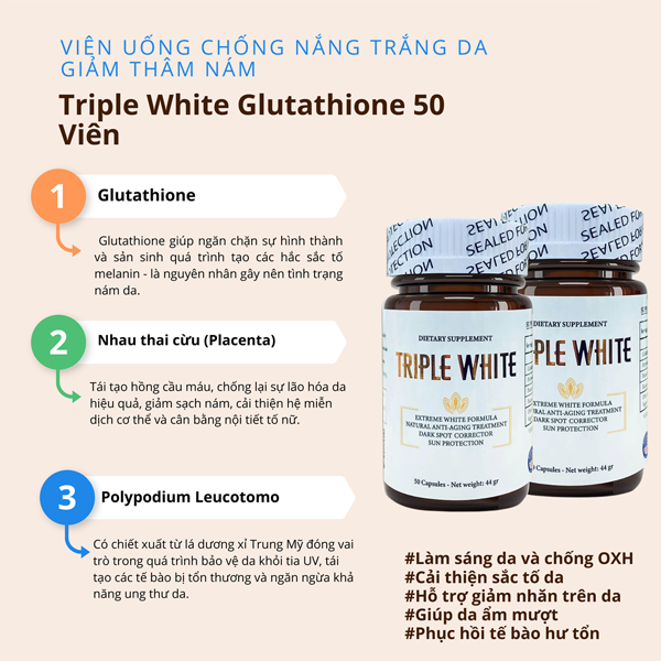 Viên uống trắng da Triple White - Viên uống Glutathion 1200mg, trắng da