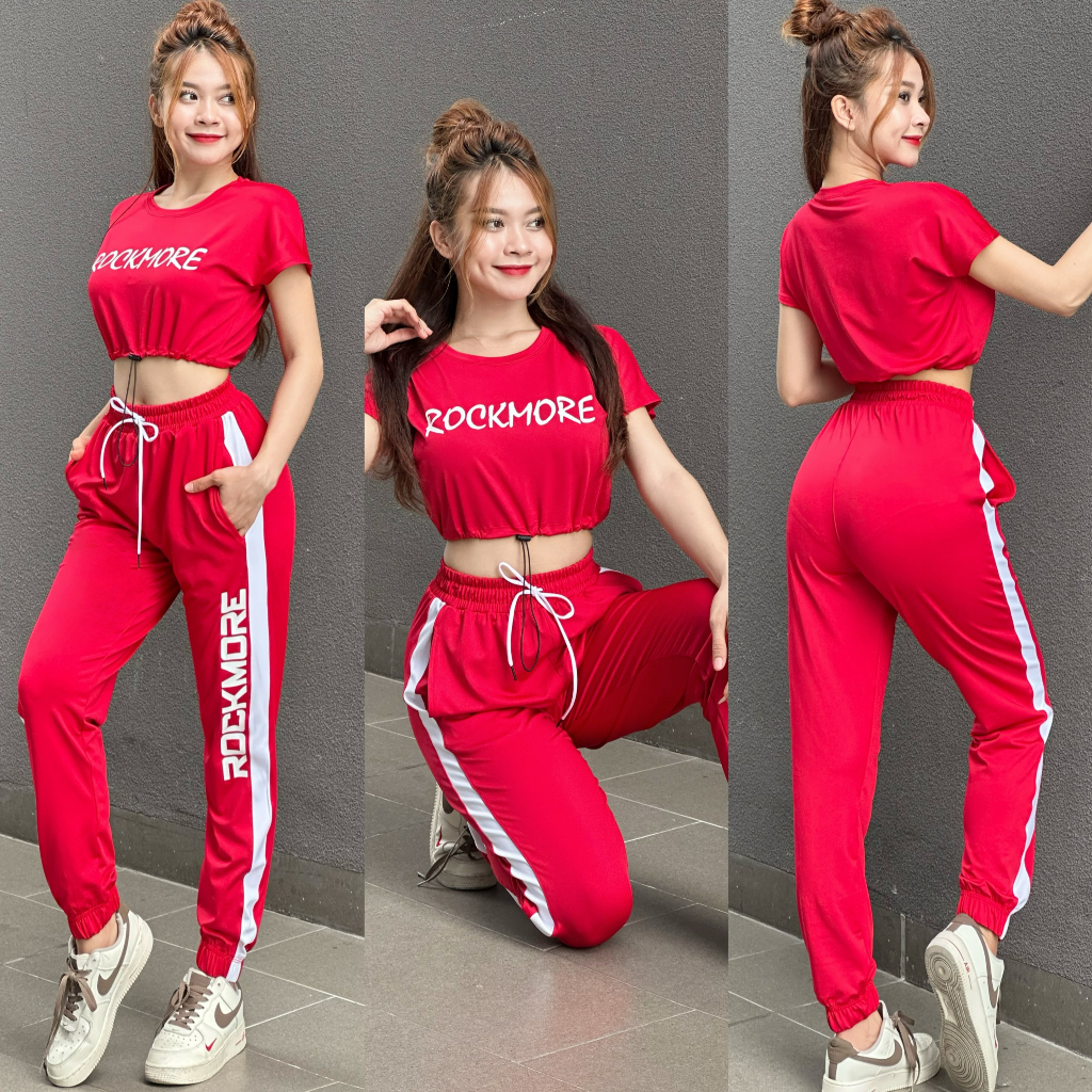 Đồ tập gym nữ bộ thể thao tập gym, yoga, aerobic, chạy bộ quần jogger áo croptop cá tính ROCKMORE- D11