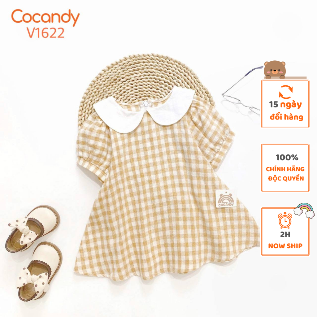 Váy cho bé -Váy cộc caro VÀNG cổ TRẮNG buộc dây cho bé của COCANDY mã V1622
