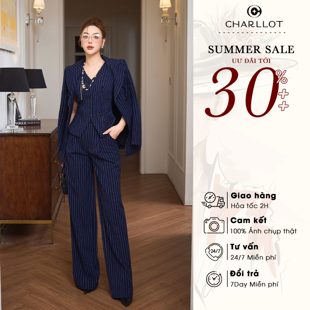 Set Đồ Nữ Ghi Le Áo Vest Thiết Kế Cao Cấp CHARLLOT Chất Pup Nhật Giảm Nhăn Co Giãn Tốt Sang Trọng Lịch Sự Tôn Dáng CL55