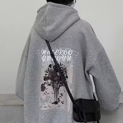 Áo nỉ hoodie dài tay nam nữ dáng rộng in hình họa tiết hoa