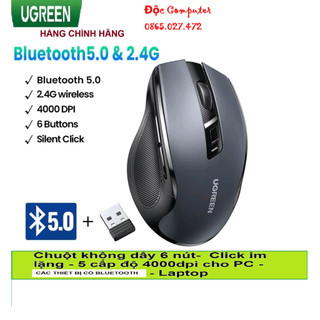 Chuột không dây ugreen mu006 15508 15063 bluetooth 5.0 + wireless 2.4g 4000 dpi | 6 nút | silent - hàng chính hãng