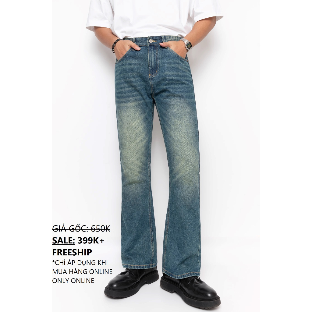 Quần jeans xanh mài ống loe