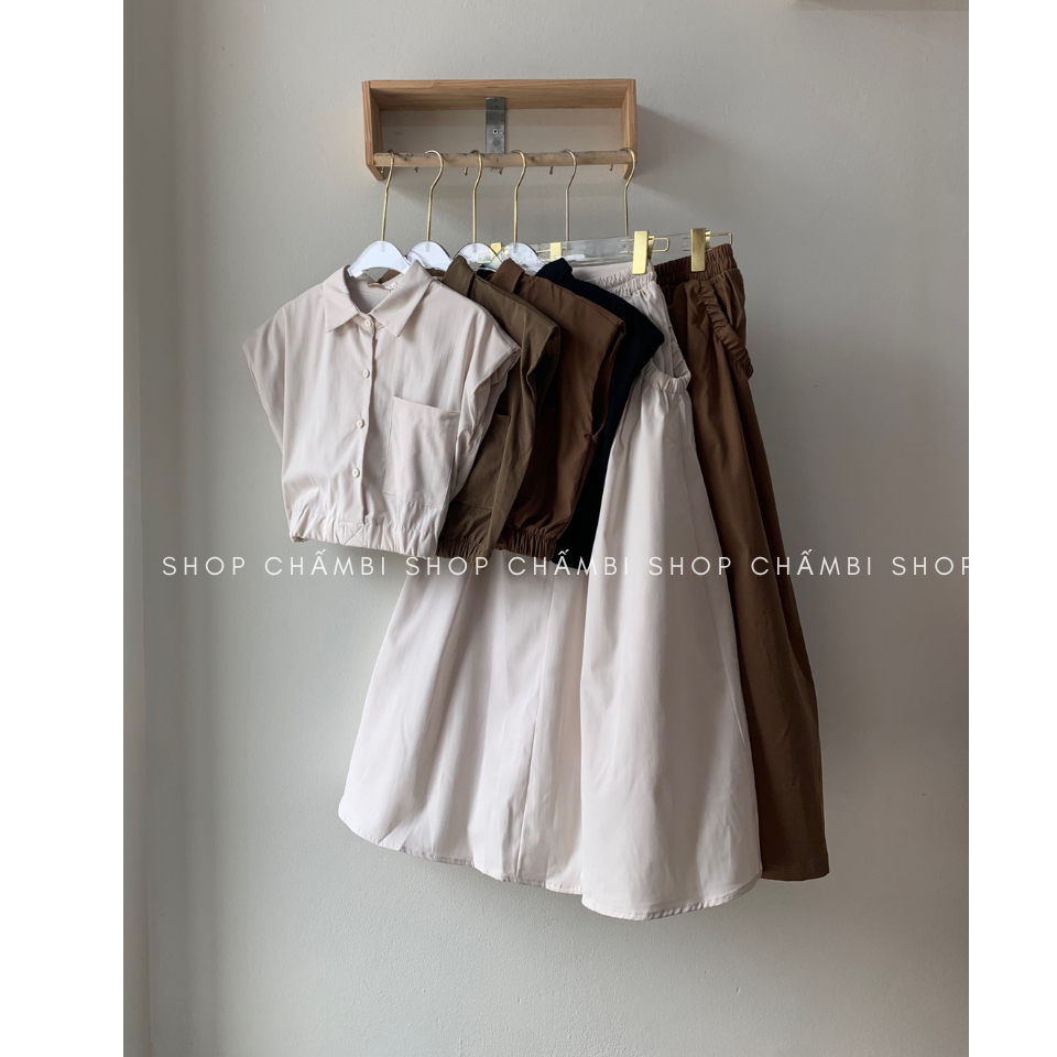 Set đồ nữ đi chơi S.154, Set áo sơ mi croptop bo chun eo kèm chân váy dáng dài trẻ trung - Sh