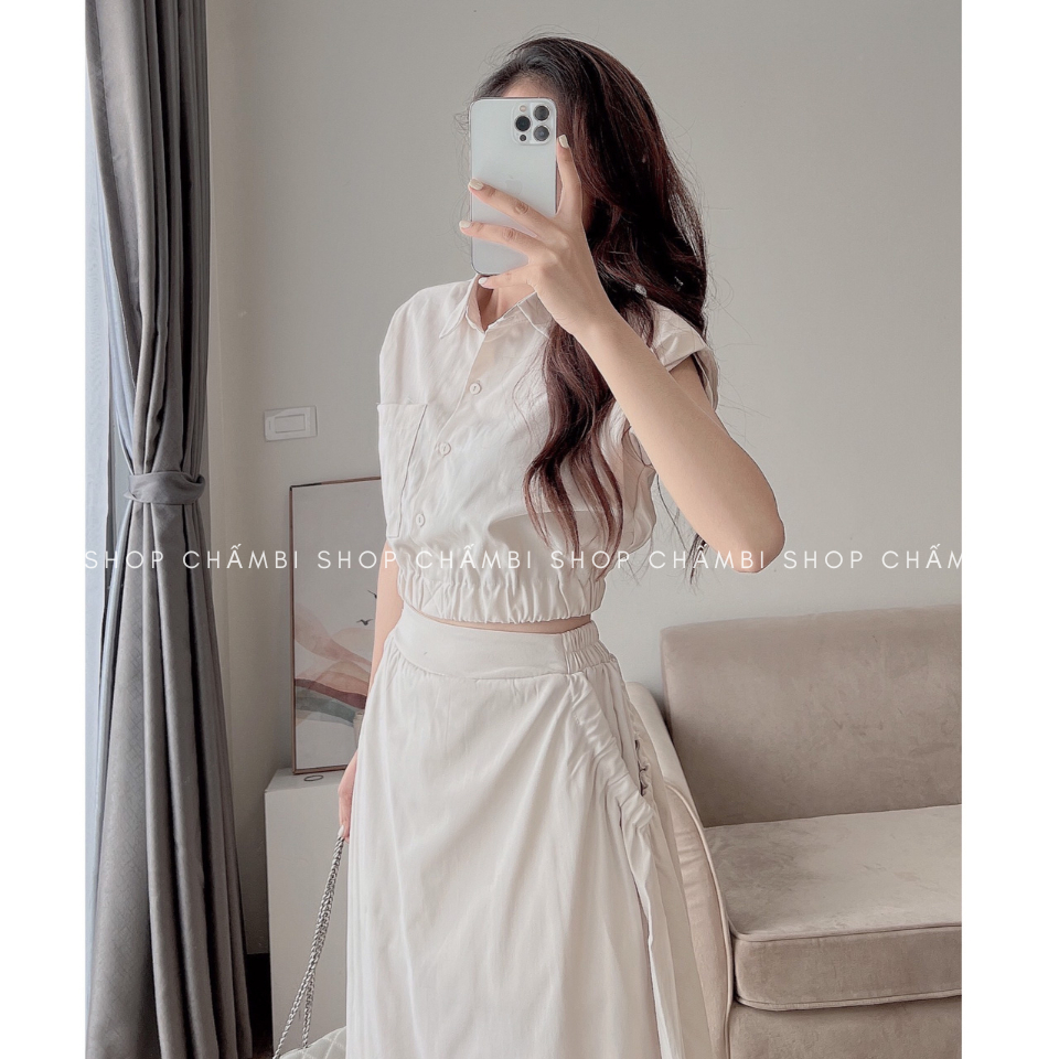 Set đồ nữ đi chơi S.154, Set áo sơ mi croptop bo chun eo kèm chân váy dáng dài trẻ trung - Sh