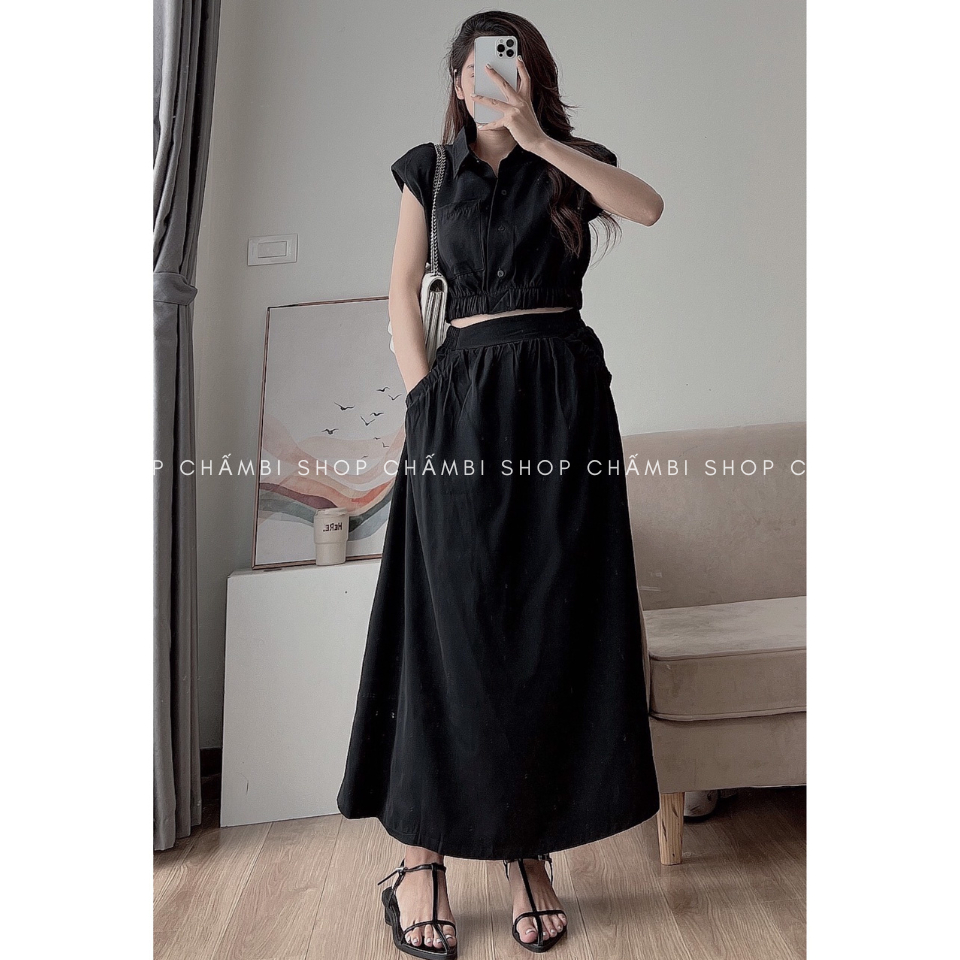 Set đồ nữ đi chơi S.154, Set áo sơ mi croptop bo chun eo kèm chân váy dáng dài trẻ trung - Sh