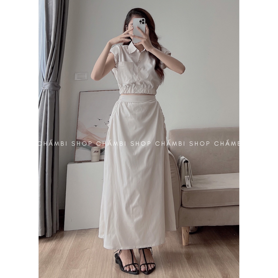 Set đồ nữ đi chơi S.154, Set áo sơ mi croptop bo chun eo kèm chân váy dáng dài trẻ trung - Sh