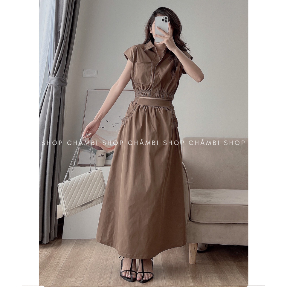 Set đồ nữ đi chơi S.154, Set áo sơ mi croptop bo chun eo kèm chân váy dáng dài trẻ trung - Sh