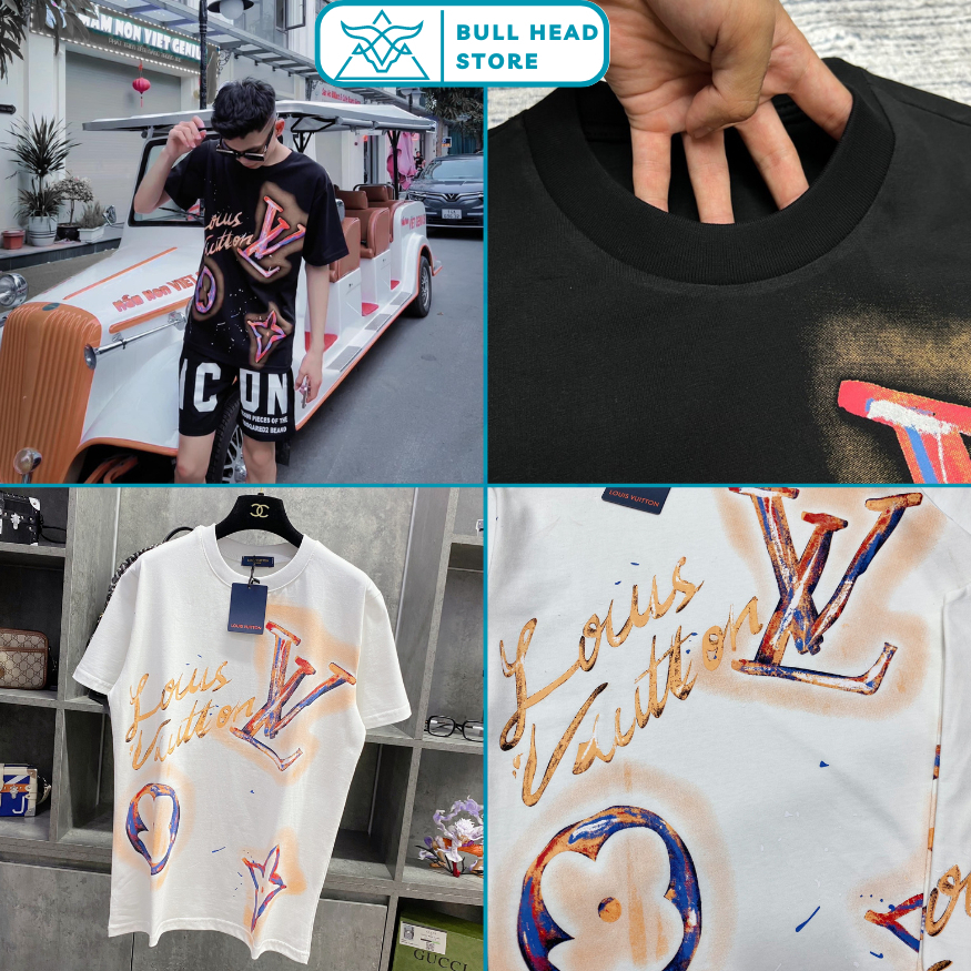 Áo phông LV hoa lá cành phối Màu họa tiết 3D 2 màu đen trắng - Áo lv nam nữ siêu cấp vải cotton mịn #Hot #2023