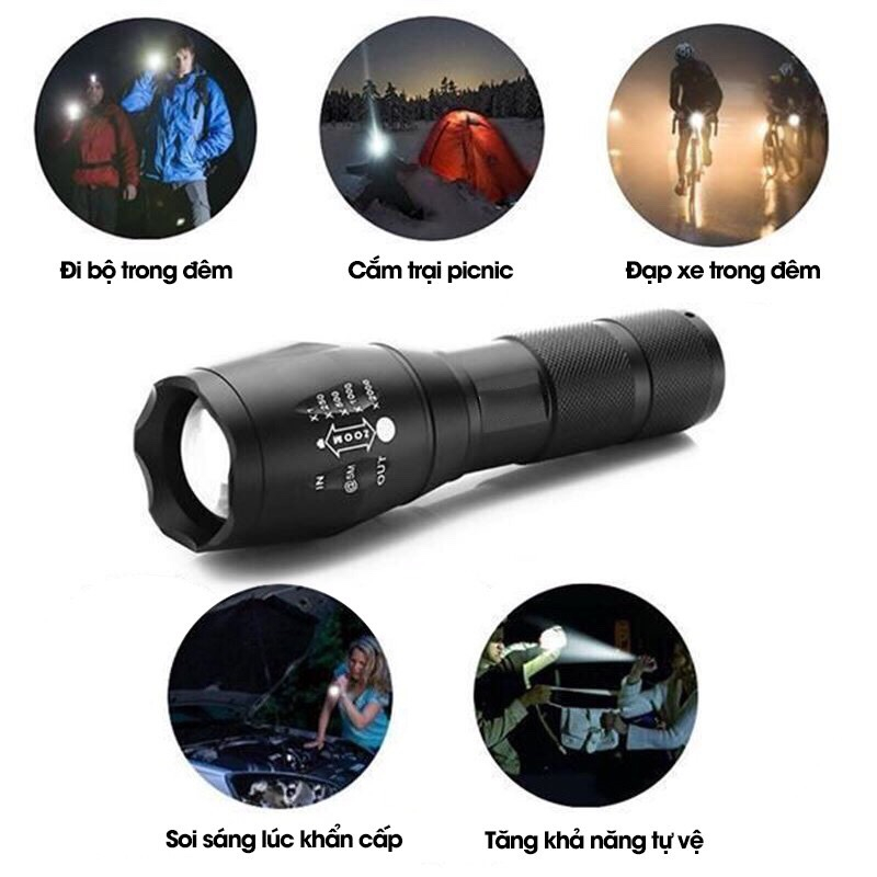 Đèn pin siêu sáng cầm tay bóng Led Xml-T6 có zoom hồng ngoại cự ly chiếu xa 500m,chất lượng cao pin trâu