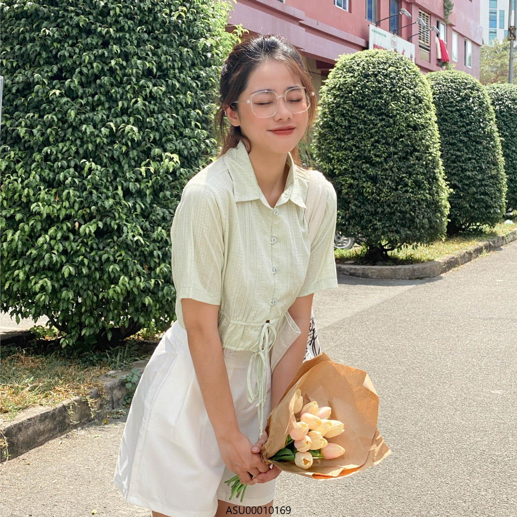 Áo sơ mi nữ croptop VMSTYLE đi biển tay ngắn eo rút sexy thời trang mùa hè 020574 - ASU00010