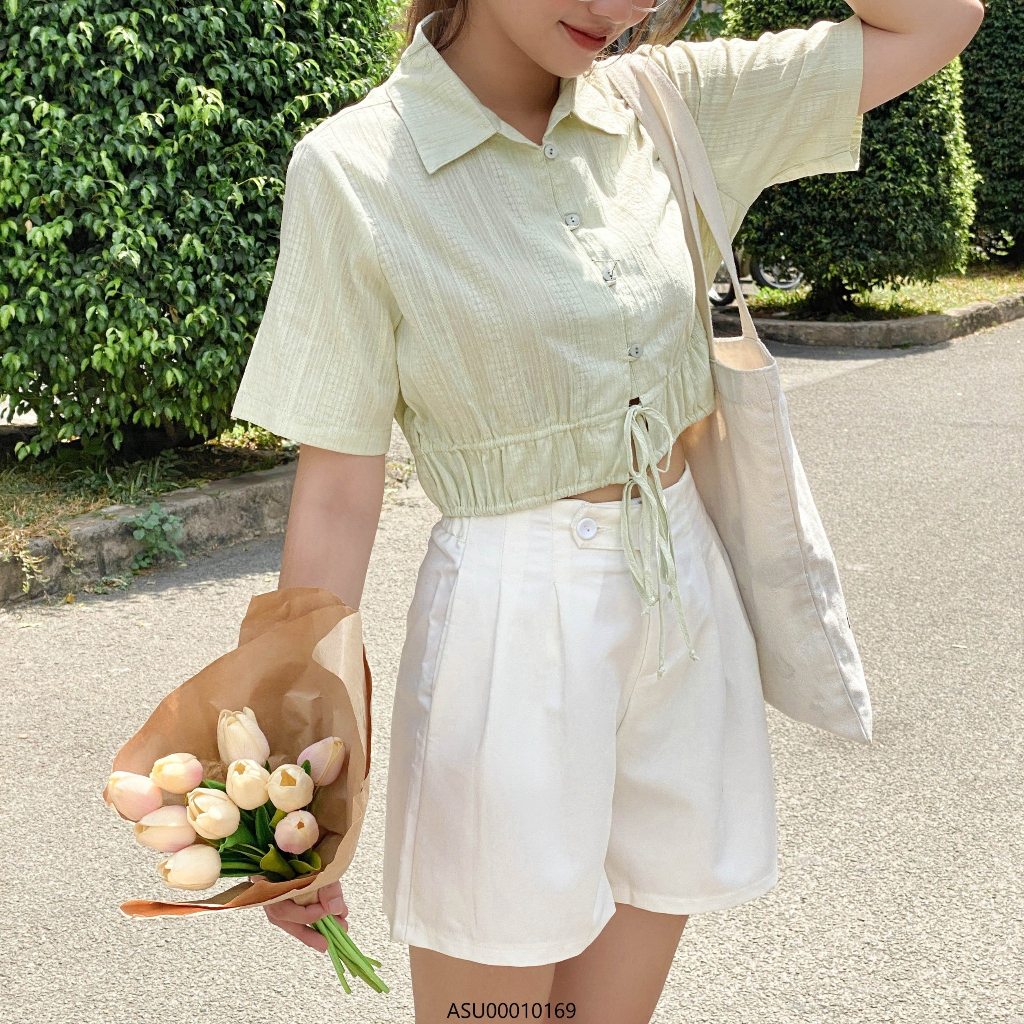 Áo sơ mi nữ croptop VMSTYLE đi biển tay ngắn eo rút sexy thời trang mùa hè 020574 - ASU00010