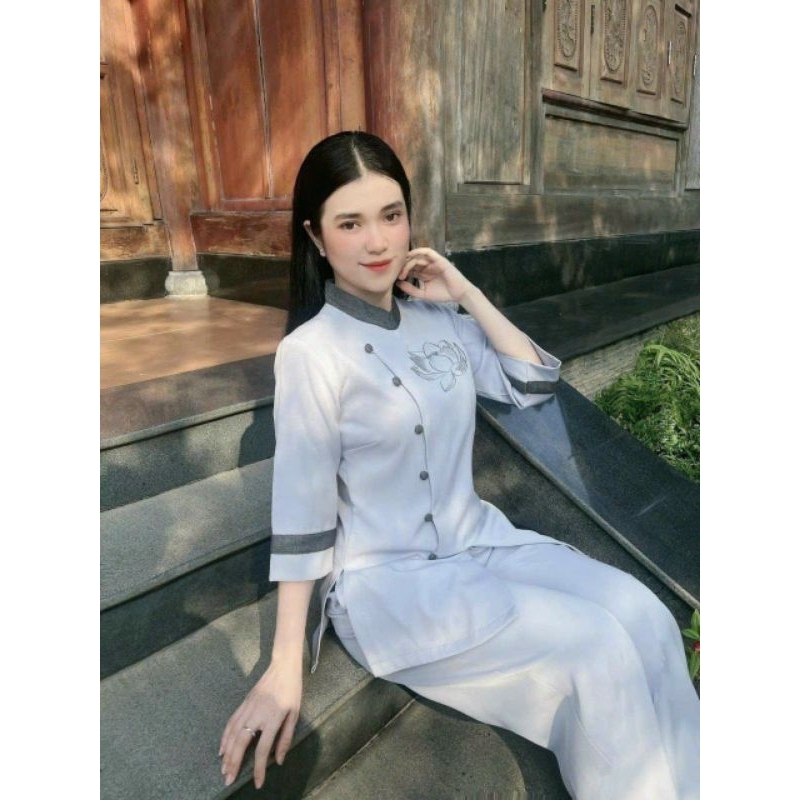 Set đồ lam đi chùa, bộ bà ba hoa sen có nút bọc chất liệu tuyết nhung thêu có 4 màu,
