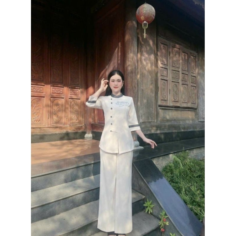 Set đồ lam đi chùa, bộ bà ba hoa sen có nút bọc chất liệu tuyết nhung thêu có 4 màu,