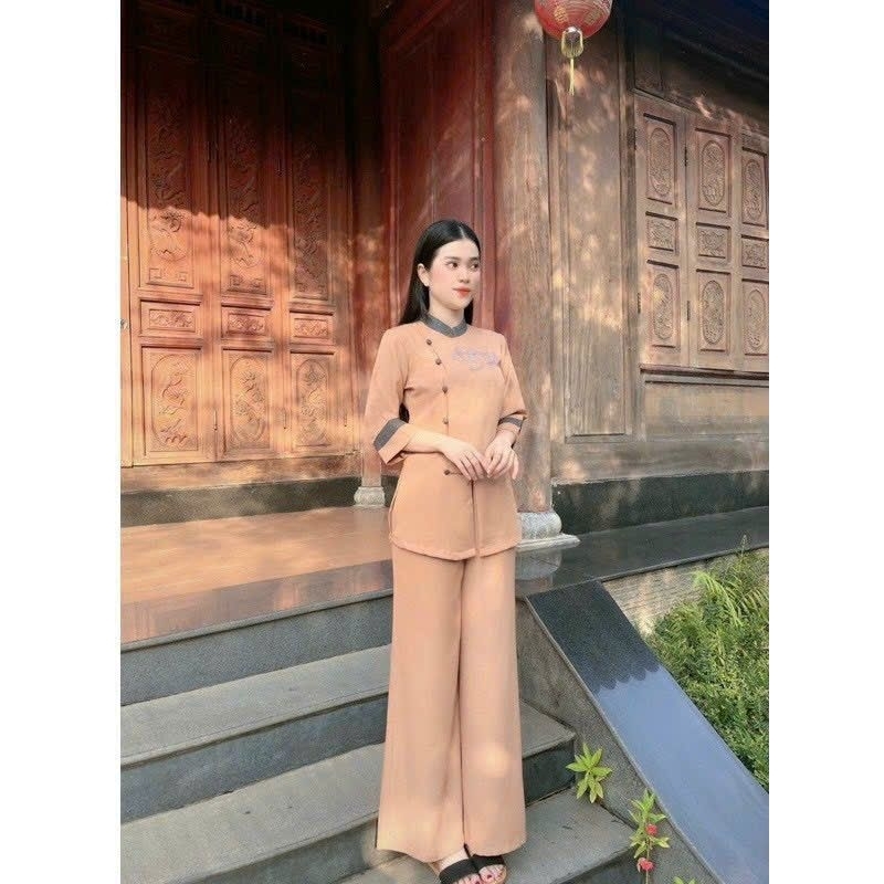 Set đồ lam đi chùa, bộ bà ba hoa sen có nút bọc chất liệu tuyết nhung thêu có 4 màu,