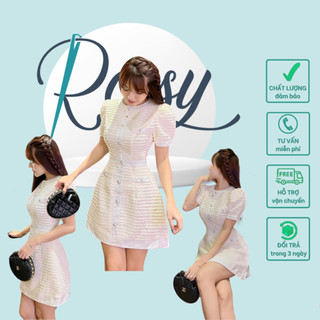 [Mã ROSS40k giảm 10% tối đa 40k] Đầm trắng dự tiệc xốp vuông phối nút cổ tròn Rossy Fashion - SR210