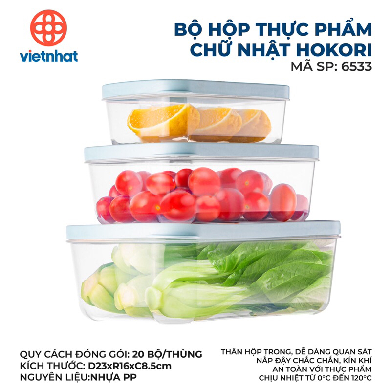 Bộ hộp thực phẩm chữ nhật Hokori 6533, Hộp nhựa bảo quản thực phẩm Việt Nhật cao cấp