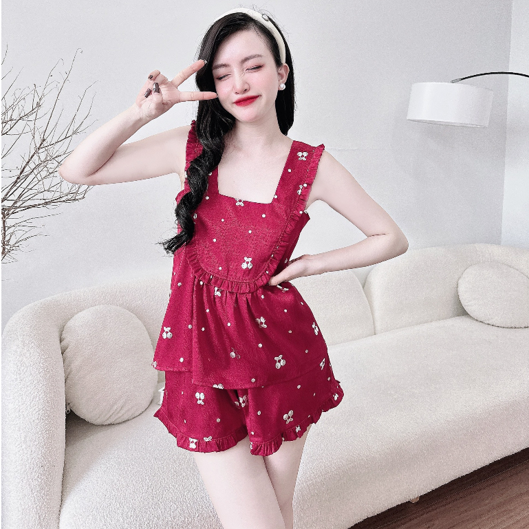 Bigsize Đồ Mặc Nhà Nữ SOJUN Bộ Xước Nhũ Cổ Vuông Bèo 45-77Kg
