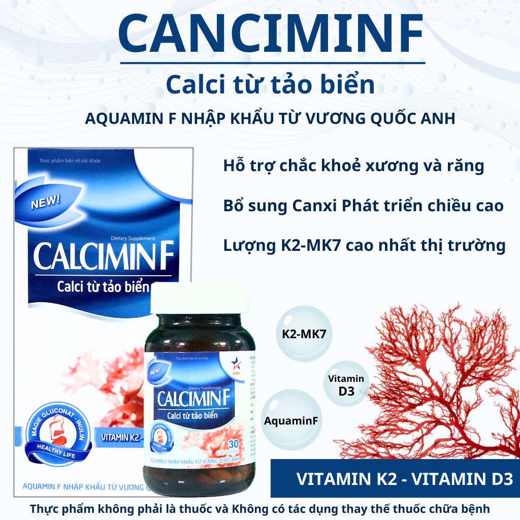 CalciminF D3 K2, Canxi hữu cơ chiết xuất từ tảo biển cho người tập gym, bà bầu, hỗ trợ phát triển chiều cao cho bé UNIFA