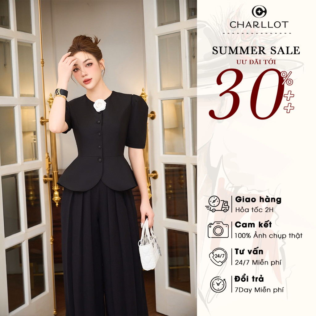 Set Đồ Nữ Áo MOZA Quần Dập Ly Đen Thiết Kế Cao Cấp CHARLLOT Chất TINY Lót Lụa Sang Trọng Lịch Sự Tôn Dáng Đi Làm CL67