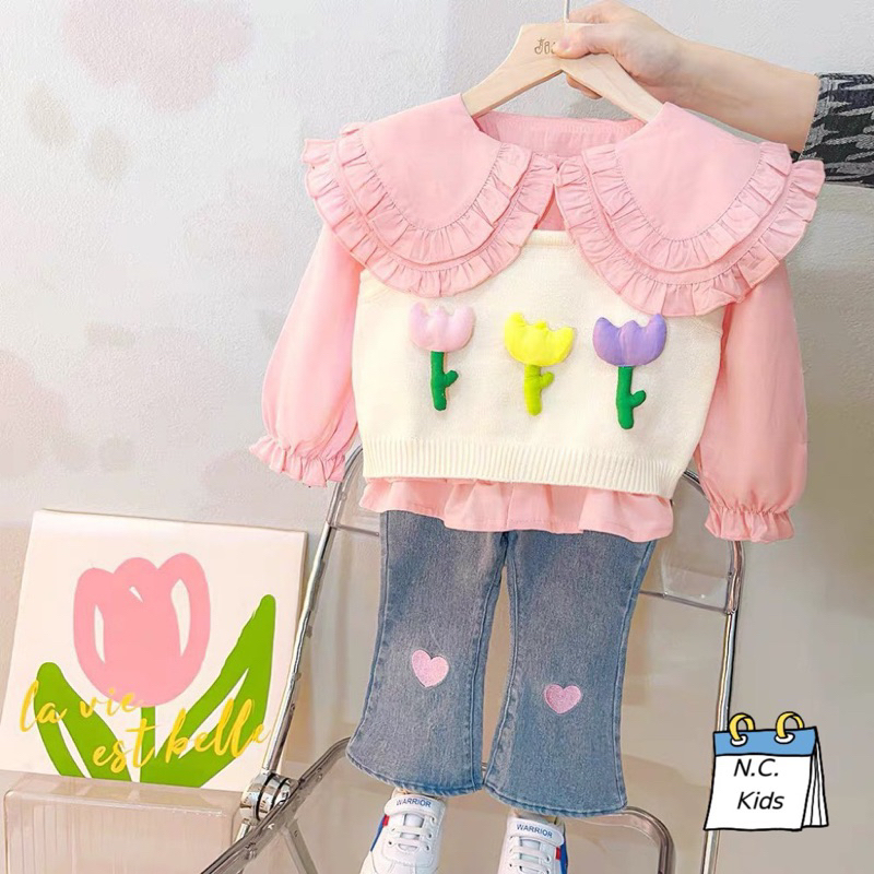 Set 3 chi tiết hoa: áo sơmi + ghile hoa + quần jean tim