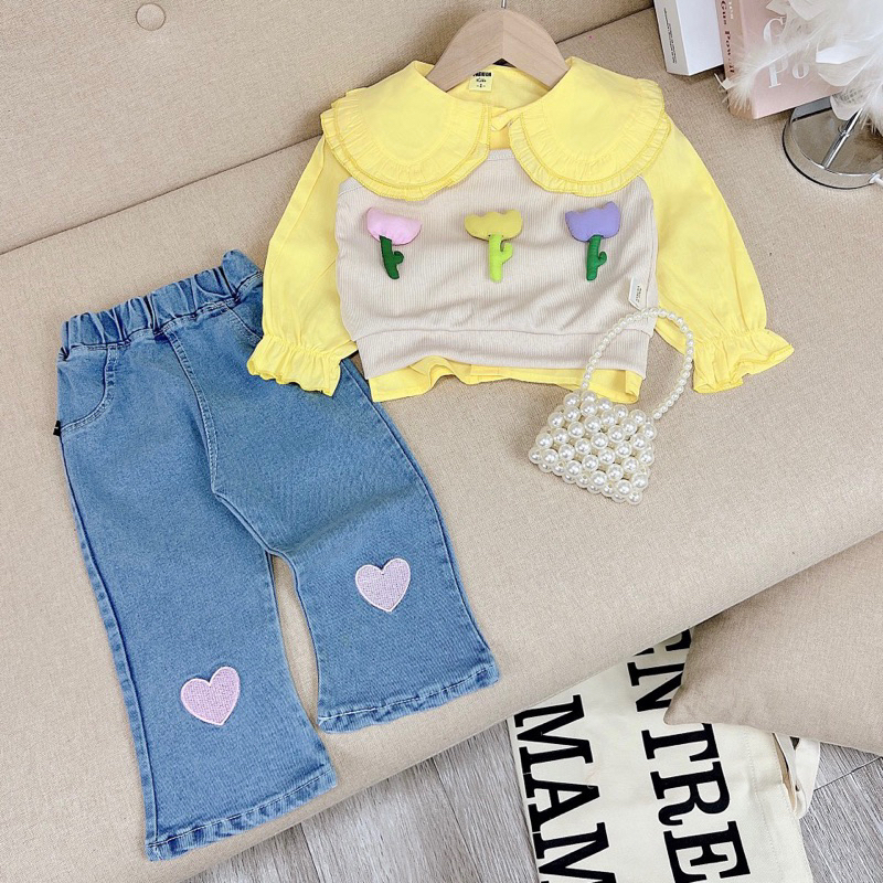 Set 3 chi tiết hoa: áo sơmi + ghile hoa + quần jean tim