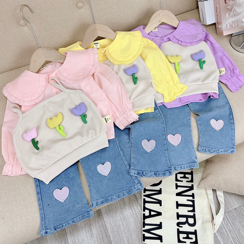 Set 3 chi tiết hoa: áo sơmi + ghile hoa + quần jean tim