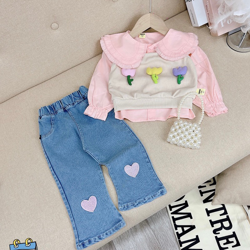 Set 3 chi tiết hoa: áo sơmi + ghile hoa + quần jean tim