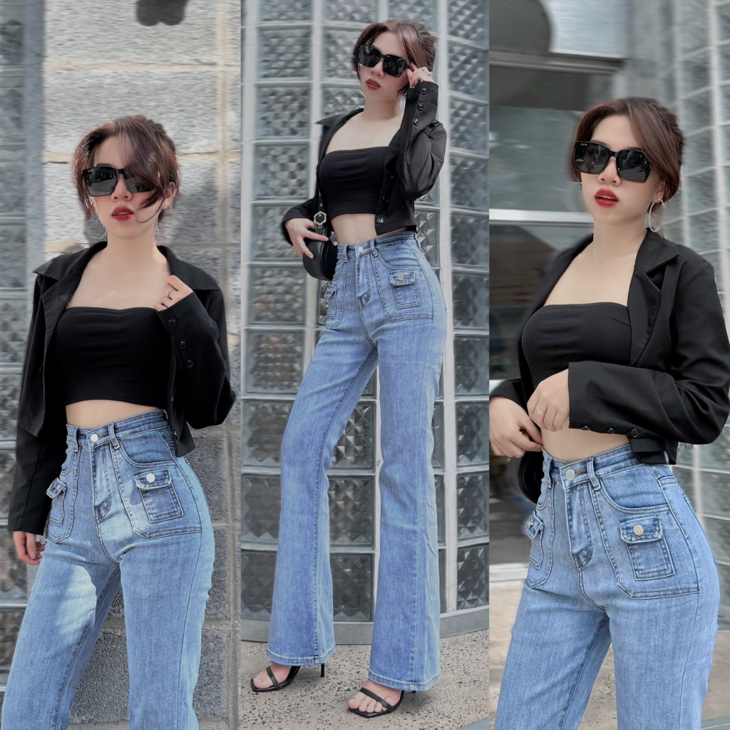 Quần Jean Nữ ống Loe YURI Lưng cao Kiểu trơn Túi Hộp