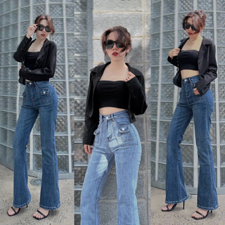 Quần Jean Nữ ống Loe YURI Lưng cao Kiểu trơn Túi Hộp