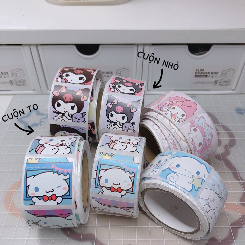 Cuộn 200 miếng tem sticker niêm phong Sanrio Kuromi Cinamarol Hellokitty Melody …