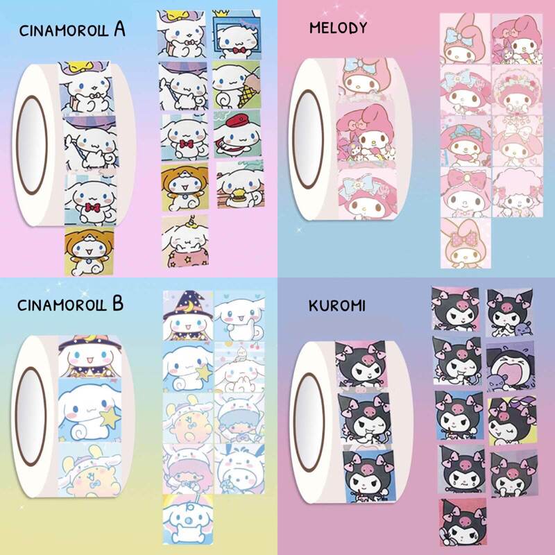 Cuộn 200 miếng tem sticker niêm phong Sanrio Kuromi Cinamarol Hellokitty Melody …