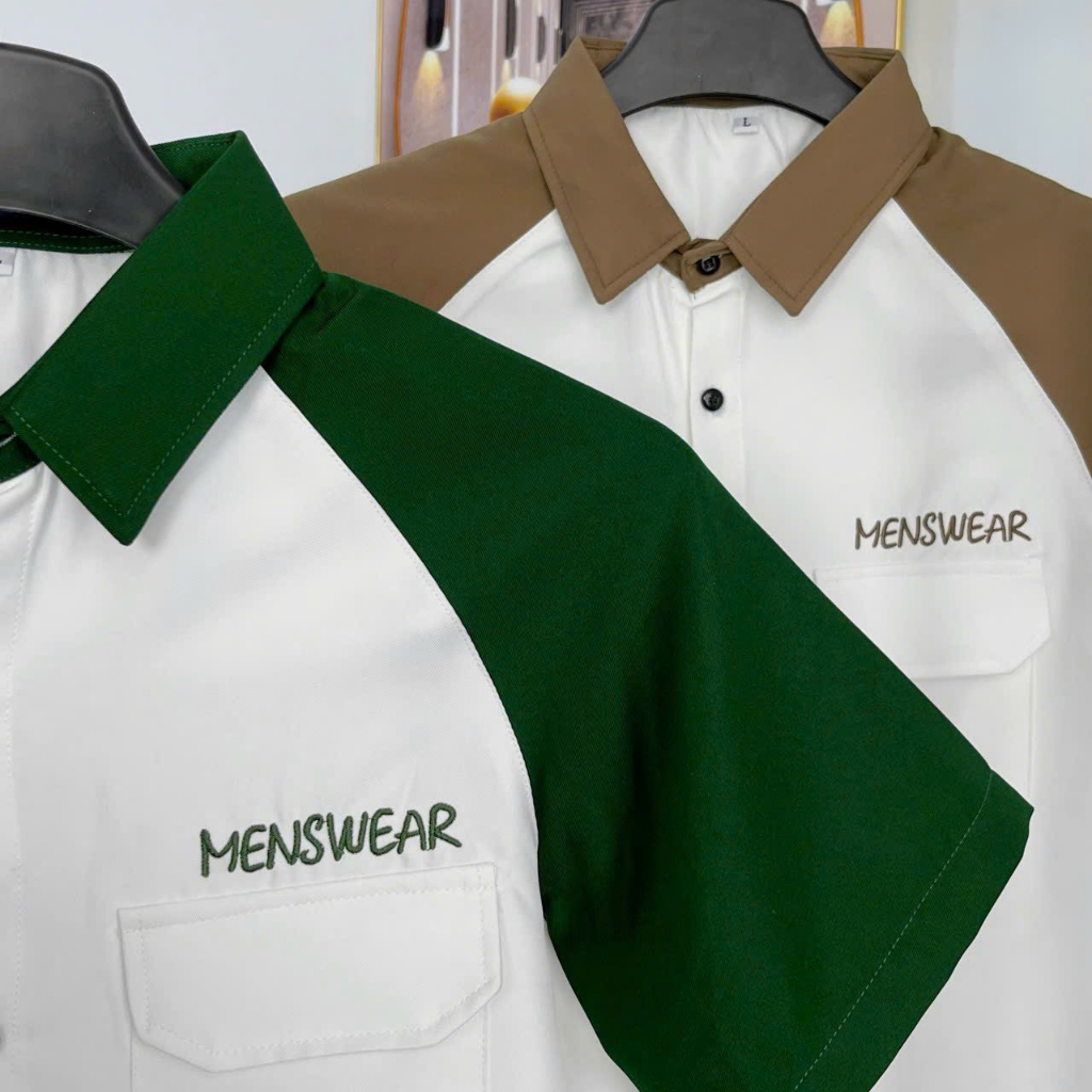 Áo sơ mi 3D tay ngắn, sơ mi nam nữ ngắn tay thêu chữ MENSWEAR, in chữ THOM, chất kate lụa mềm mịn thoáng mát