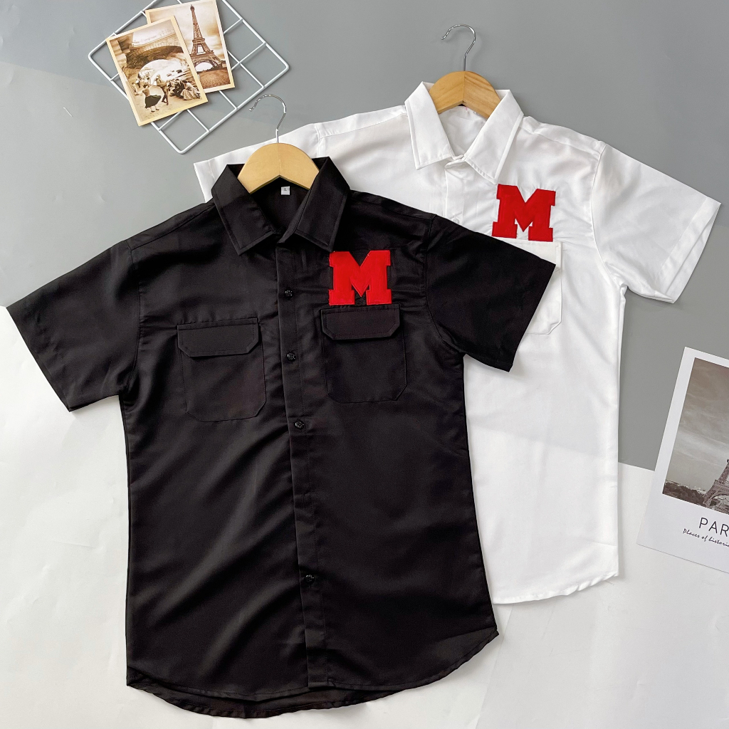 Áo sơ mi 3D tay ngắn, sơ mi nam nữ ngắn tay thêu chữ MENSWEAR, in chữ THOM, chất kate lụa mềm mịn thoáng mát