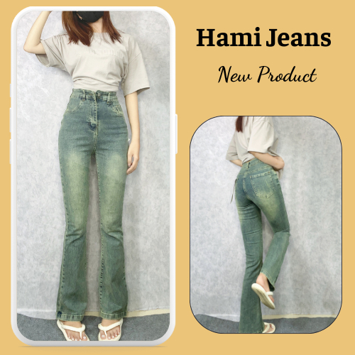 Quần Jeans Ống Loe Màu Bụi Co Giãn, Quần Bò Lưng Cao May Gấu Hot 2023