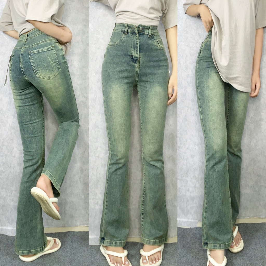 Quần Jeans Ống Loe Màu Bụi Co Giãn, Quần Bò Lưng Cao May Gấu Hot 2023