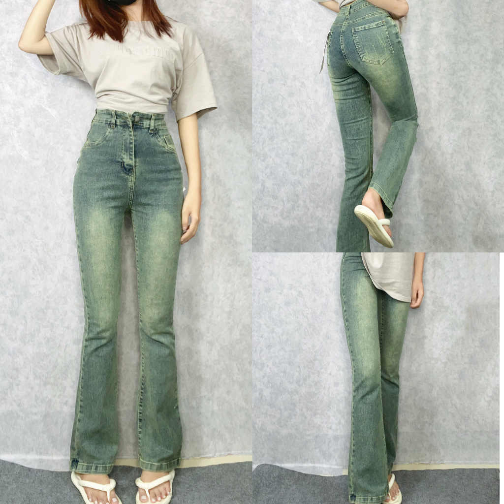 Quần Jeans Ống Loe Màu Bụi Co Giãn, Quần Bò Lưng Cao May Gấu Hot 2023
