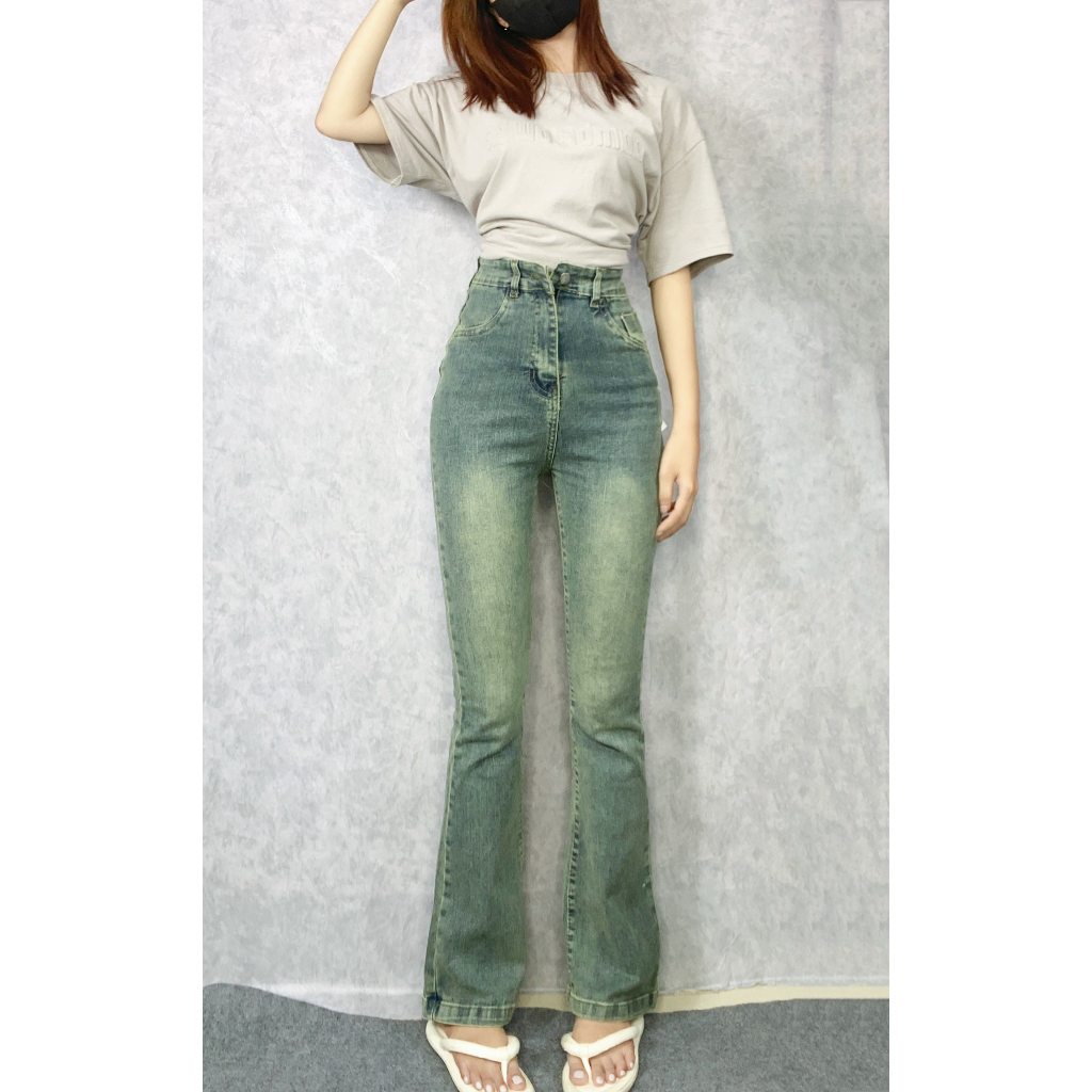 Quần Jeans Ống Loe Màu Bụi Co Giãn, Quần Bò Lưng Cao May Gấu Hot 2023