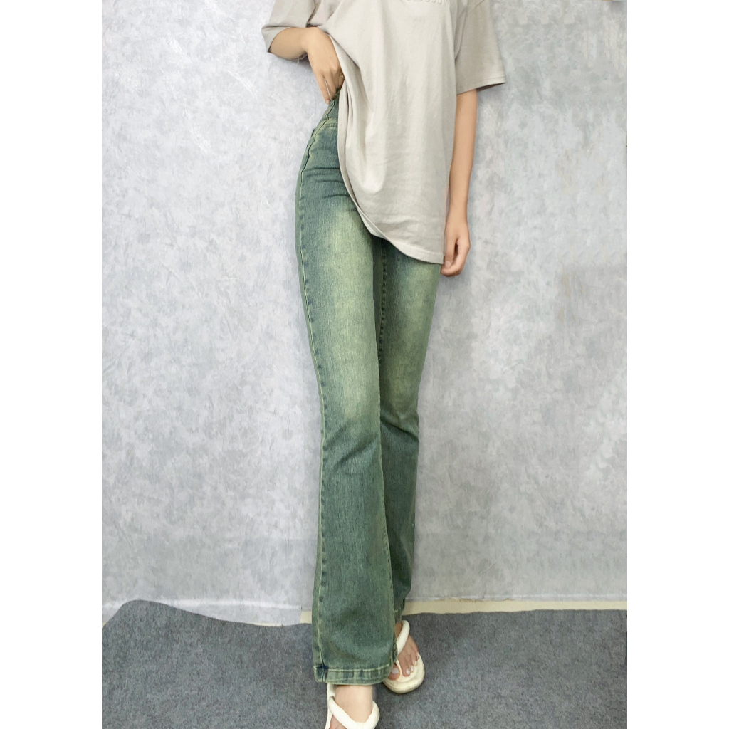 Quần Jeans Ống Loe Màu Bụi Co Giãn, Quần Bò Lưng Cao May Gấu Hot 2023